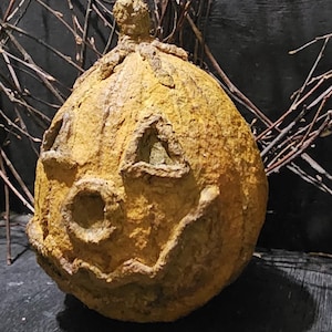 Primitive, paper mache Jackolantern, creepy Halloween decor