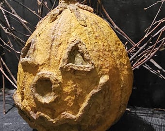 Primitive, paper mache Jackolantern, creepy Halloween decor