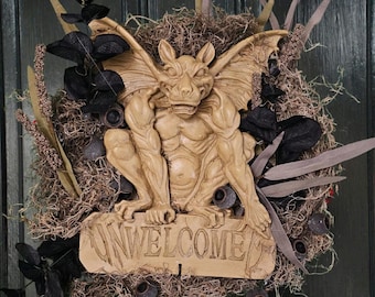 Spooky gargoyle welcome wreath, Halloween door decor