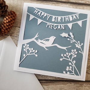 Personalised Papercut Birthday Card | Bird Birthday card | Winter Scene | Paper cut Birthday Card | Card for her | Card for him l Holly