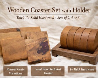 Wooden Coaster Set with Holder – Thick Natural Hardwood – Sets of 2, 4 or 6