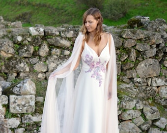 NEW!! Embroidered Floral wedding dress with leg slit and detatchable cape