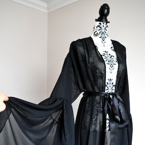 Black Boudoir Dressing Gown, Burlesque robe, Sheer robe long sleeves