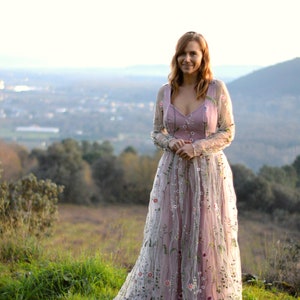 UNIQUE Floral wedding dress with long sleeves, Pink Floral wedding dress