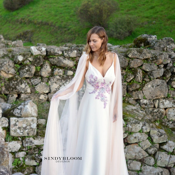 NEW!! Embroidered Floral wedding dress with leg slit and detatchable cape