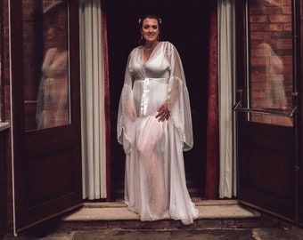 Plus size Ivory Bridal Robe long, Long sleeves bridal robe sheer