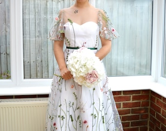 Floral Embroidered Tulle Wedding Dress with Bell Sleeves