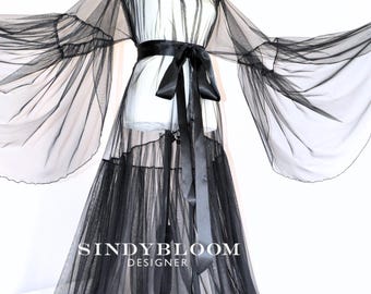 Black Sheer Tulle bridal robe long, Tulle mesh Dressing Gown