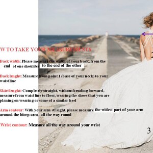 Puede incluir: Un vestido blanco largo hasta el suelo con dise&ntilde;o de espalda descubierta y tirantes finos, mostrado con una gu&iacute;a de medidas titulada HOW TO TAKE YOUR MEASUREMENTS. La gu&iacute;a enumera cinco puntos: 1. Back width, 2. Back length, 3. Skirt length, 4. Arm contour, 5. Wrist contour.