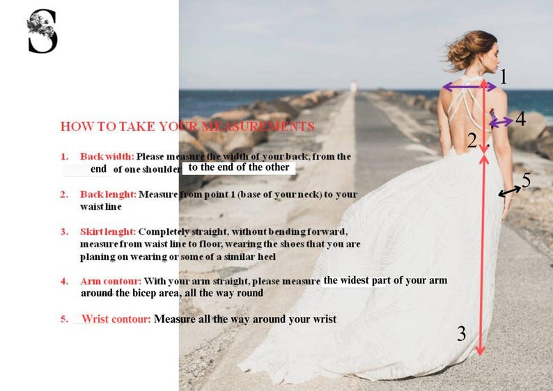 Puede incluir: Un vestido blanco largo hasta el suelo con dise&ntilde;o de espalda descubierta y tirantes finos, mostrado con una gu&iacute;a de medidas titulada HOW TO TAKE YOUR MEASUREMENTS. La gu&iacute;a enumera cinco puntos: 1. Back width, 2. Back length, 3. Skirt length, 4. Arm contour, 5. Wrist contour.