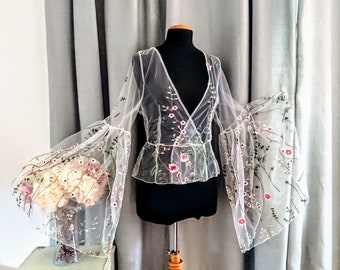 NEW! Floral embroidered tulle blouse, Floral sheer jacket