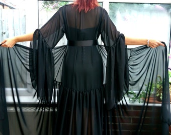 Black Boudoir Dressing Gown, Burlesque robe, Sheer robe long sleeves