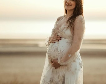 Vestido de maternidad celestial, superposición de estrellas y lunas estilo boho