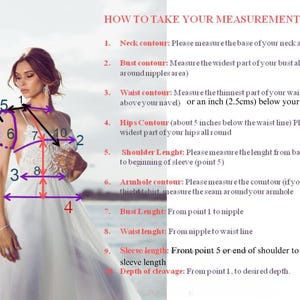 Puede incluir: Una gu&iacute;a de medidas para un vestido blanco con un diagrama que muestra flechas numeradas para los contornos de cuello, busto, cintura y cadera, adem&aacute;s de largos de hombro, sisa y manga, y profundidad de escote con texto en ingl&eacute;s.