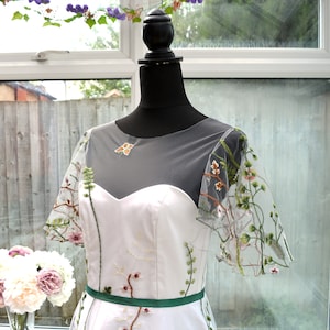 Floral wedding dress with bell sleeves, Colored wedding dress