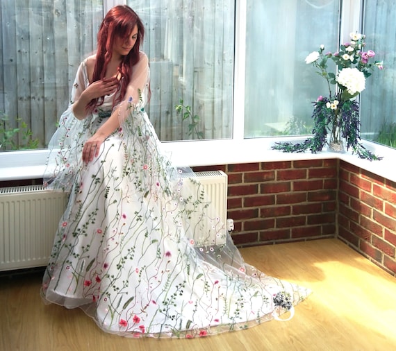 Plus Size Floral Wedding Dress, Embroidered Tulle Long Sleeve Boho Gown