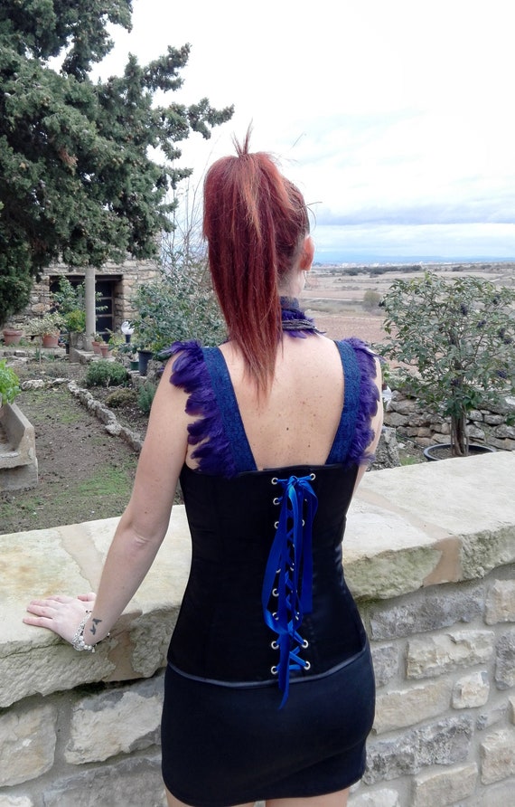 Black Satin Corset With Feather Straps Black Wedding Corset Etsy