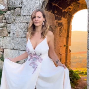 Embroidered Floral wedding dress &quot;Lavender&quot;, Floral wedding dress with leg slit