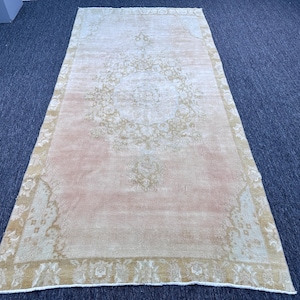 5&quot;x10&#39;5&quot; Feet ,Light pink background Turkish vintage Anatolian rug ,brown, cream colors rugs, brown border,Floral rugs