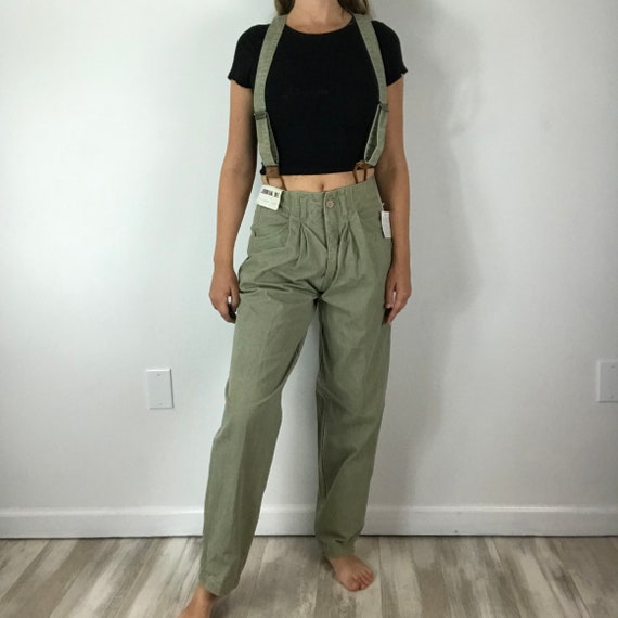Jordache Vintage 80’s Khaki Green Suspender Trouse
