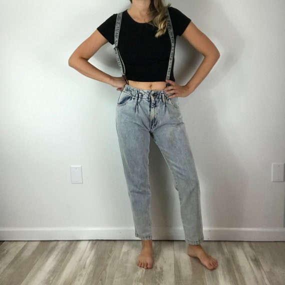 Vintage 80’s Acid Wash Suspender Jeans 26 Waist