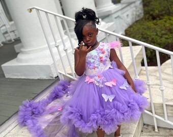 Lilac Purple Lace Butterfly Lavender Flower girl Dress, Toddler Pageant Dress, 1st birthday baby dress , Prom Gown girl dress