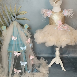 Gold Butterfly Tulle Dress, Pageant Dresses for Girls, Floral Laced Toddler Prom Dress, Luxurious Birthday Gown