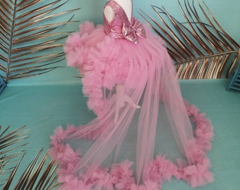 Pink Little Girls Pageant Dress with Detachable Train, Long Tail Custom Kids Couture, Toodler Prom Gown, Baby girl Frock, Flower Girl outfit