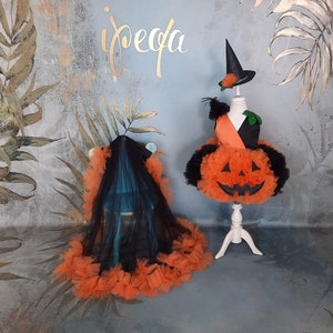 Black Orange Halloween Baby Girl Costume with detachable long trail, Flower girl Witch Dress witch hat, Toddler Pageant Frock, Kids Couture