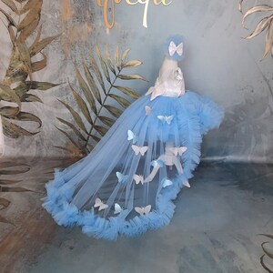 Vestido de baile azul-bebê branco com borboletas e cauda removível, traje para concurso de beleza para meninas, vestido para daminha de honra, vestido para criança, roupa para 1º aniversário