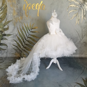White Satin Flower Girl Dress | Detachable Tulle Train | Luxury Wedding Dress for Girls | Rhinestone Detailed Outfit | Special Occasion Wear