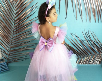 Long Tail Unicorn Birthday Dress Set includes Head Crown Pony Theme Colourful Costume Rainbow Babygirl Tutu Unicorn Theme Birthday Cloth
