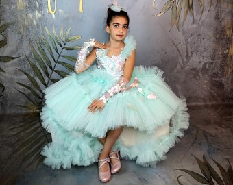 IBTOM CASTLE Ragazze Pizzo Ricamo Fiore Matrimonio Festa di Compleanno Principessa Abiti da Ballo Fiore Ragazze Vestito Costume Verde 12-13 Anni