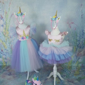 Kleines Pony Kleid, Regenbogen-Baby-Outfit, Einhorn-Geburtstagskleid-Set & Stirnband, langes Einhorn-Festzugskleid, Einhorn-Thema Kleinkind