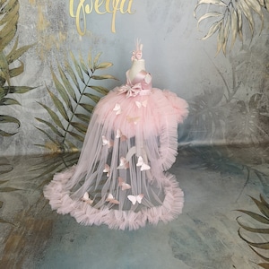 Luxury Powder Rhinestone little girl pageant dress. Butterfly toddler prom dress, kids ball gown with detachable train