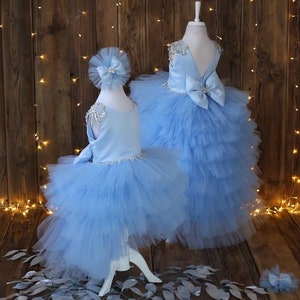 Baby Blue Tulle Princess Gown for Girls, High to Low Rhinestone Embellished Dress, Long Train Toddler Dess Special Occasion