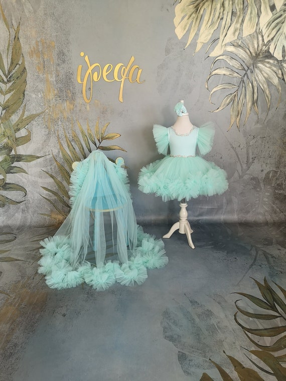 green sneaker ball dress Mint with Chrystals Detachable Train, Baby Girl Pageant dress, Toddler prom gown YGroup_colourway-azira