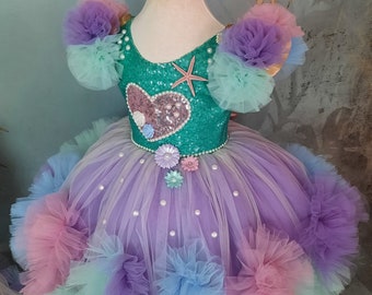 Custom Starfish Prom Gown, Mermaid Theme Baby Pageant Dress, Under the Sea Costume, Flower Girl Dress, Princess frock, Toddler 1st birthday