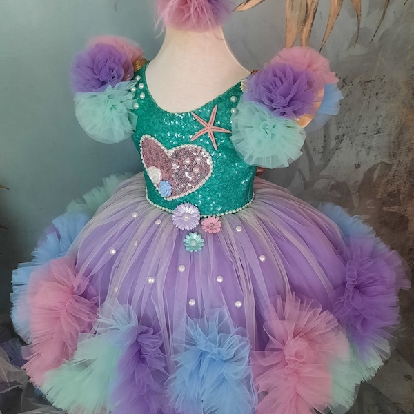 Custom Starfish Prom Gown, Mermaid Theme Baby Pageant Dress, Under the Sea Costume, Flower Girl Dress, Princess frock, Toddler 1st birthday