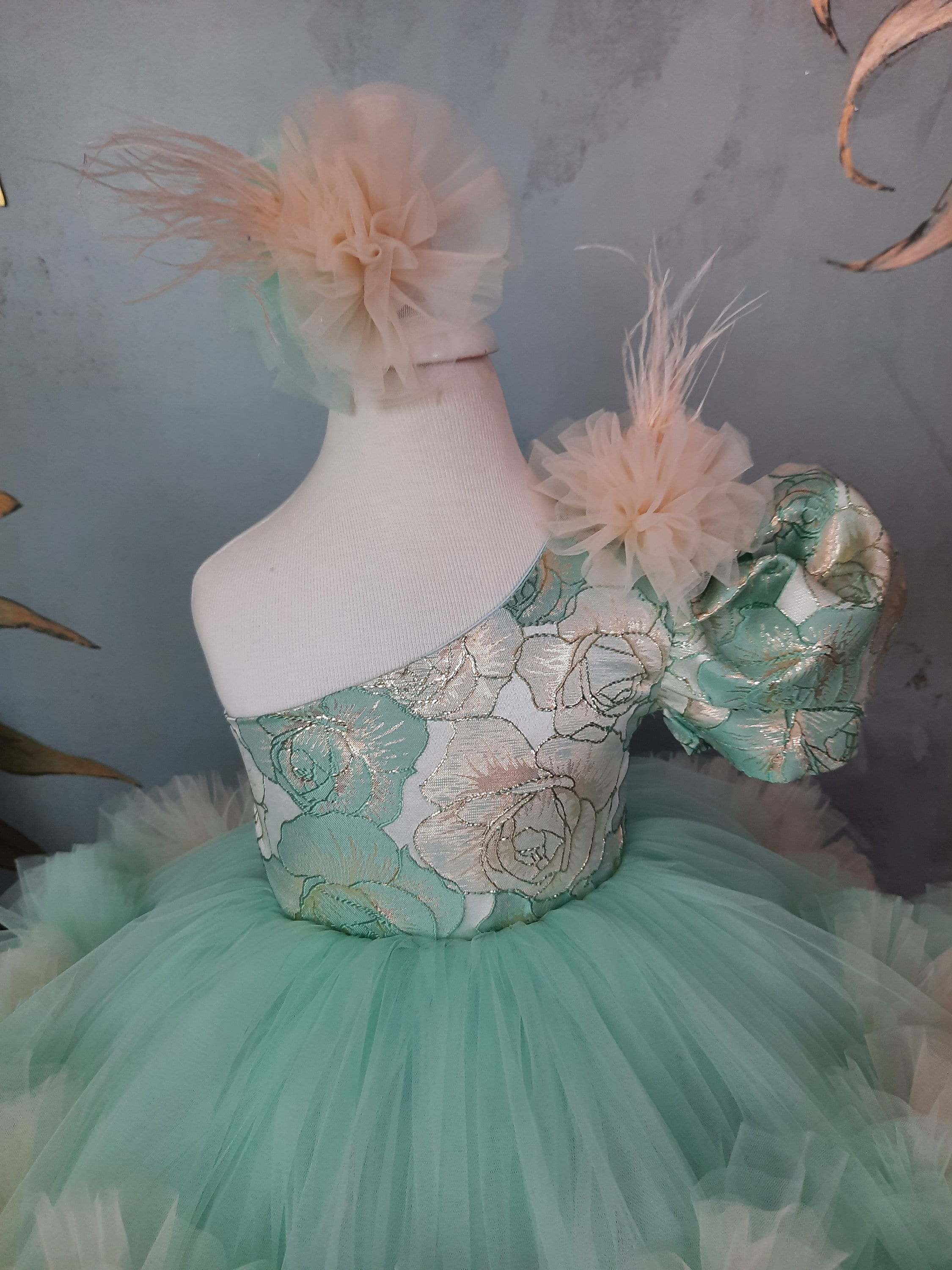 Mint Green Toddler Pageant Dress & Detachable Long Tail, Kids Couture Prom Gown