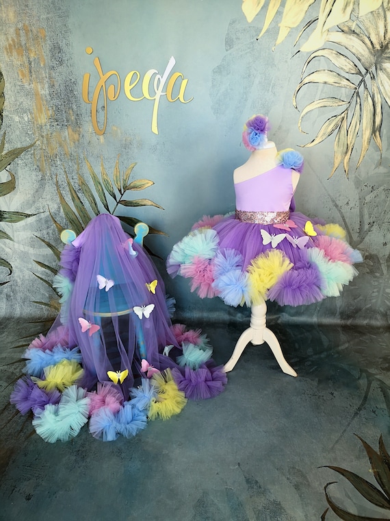 Toddler Prom Dress detachable Train & butterflies, Pink Tutu Baby Dress Butterfly, Rainbow Long Tail Prom Gown, Toodler frock