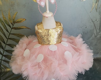 green emerald velvet dress Pink Minnie costume. Baby girl dress. Minnie birthday dress. Sparkle and  pearl minnie dress. For special occasion. Handmade! – Kids Dressy main image 1