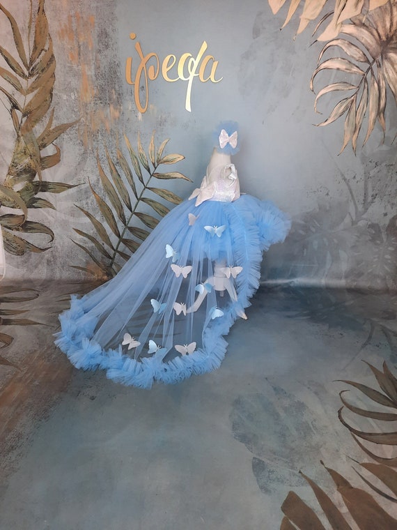 Vestido de fiesta azul bebe blanco con mariposas y tren desmontable vestimenta de desfile de nina vestido de nina de flores vestido de nino pequeno traje de 1er cumpleanos Etsy Mexico