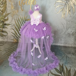 Sequin Lilac Girl Gown With Butterflies & Detachable Train - Etsy