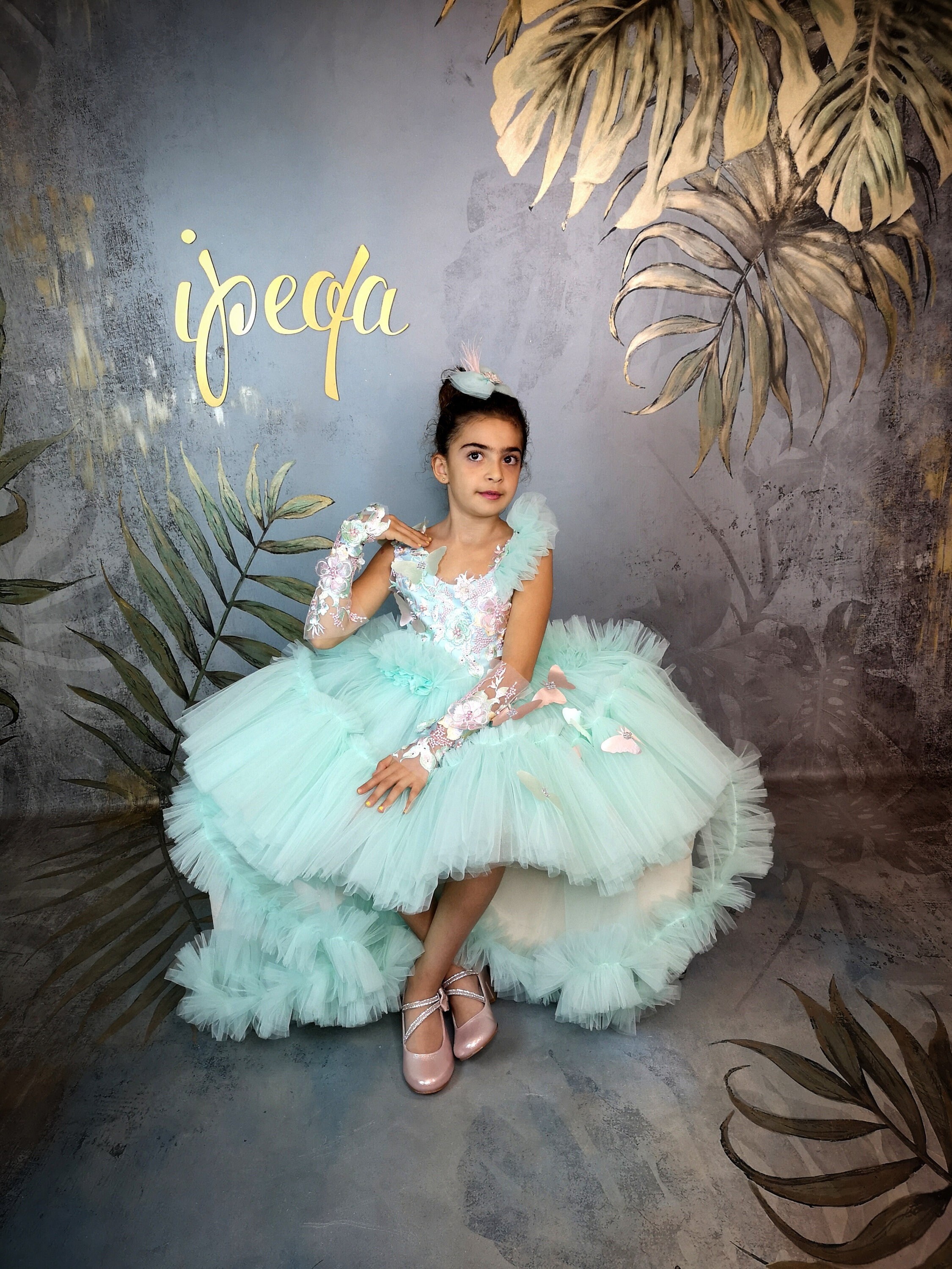 Abito Principessa Per Primo Compleanno Bambina - Verde Con Ricami Fiori E Fascia - Manica Corta - Taglia 9-12 Mesi - 3