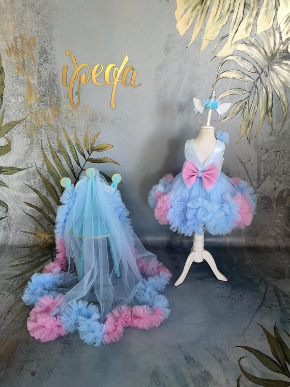 Long Tail Girl Mermaid Dress, Baby Pageant Outfit with detachable train