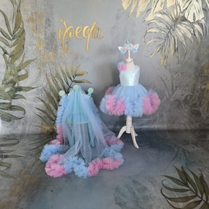 Long Tail Girl Mermaid Dress, Baby Pageant Outfit with detachable train image 3