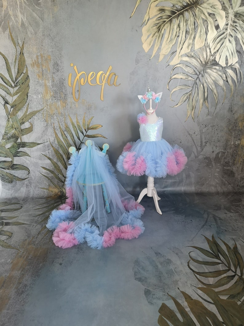 Long Tail Girl Mermaid Dress, Baby Pageant Outfit with detachable train image 3