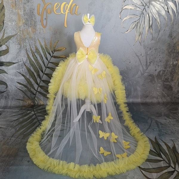 Yellow Girl Prom Gown with Butterflies Detachable Train, Long Tail Baby Butterfly Pageant Dressy, Flower 1st Birthday Outfit, Toddler Frock