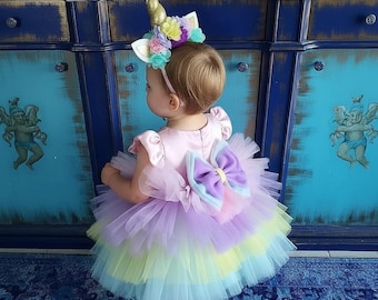 Unicorn Birthday Dress Set includes Hair Crown, Colourful Pony Costume, Unicorn Theme Gown